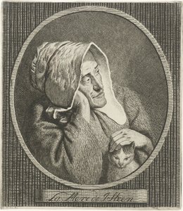 Gammel kvinne med katt La Mere de J. Steen (tittel på objekt)