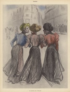Tre kvinner som går nedover gaten (farge litho) av Theophile Alexandre (after) Steinlen