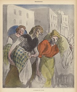 Vaskekvinner som kommer tilbake fra vaskeriet (farge litho) av Theophile Alexandre (after) Steinlen