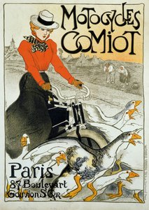 Reklameplakat for Comiot motorsykler. En ung kvinne på moped ruller blant en gruppe gjess. Plakat av Theophile Alexandre Steinlen (1859-1923). 1899. Paris, dekorativ kunst. av Théophile Alexandre Steinlen