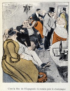 Filles et Marlous: Det er spanjolenes fest: Notarius betaler champagnen - i "Dans la vie" av Steinlen 1901 (samme tegning som nr. 27695) av Théophile Alexandre Steinlen