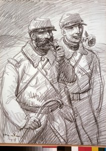 Første verdenskrig: «De hårete i 1915», franske soldater. Tegning av Theophile Alexandre Steinlen (1859-1923) av Théophile Alexandre Steinlen
