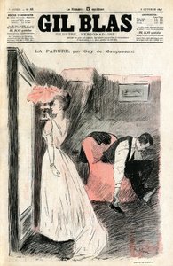 Illustrasjon av Steinlen av Guy de Maupassants novelle "" The Parure"". Madame Loisel ser på seg selv i speilet mens mannen hennes tar av seg skoene. Hun finner ut at hun mistet kjedet (diamantelven) lånte henne til henne av venninnen Madame Fores