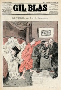 Illustrasjon av Steinlen av Guy de Maupassants novelle “” Låsen”””. Ulovlig par fanget i full kjærlighet ebats - Utrolig, overraskelse. Forside av Gil Blas nr. 4, 22. januar av Théophile Alexandre Steinlen