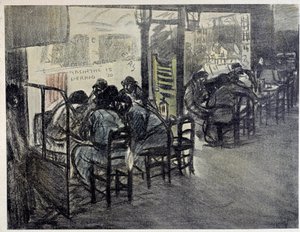 På terrassen til kafeen (På utstillingsvinduet står det skrevet “” Absinthe 15””, “” Pernod 20””) Tegning av Theophile Alexandre Steinlen (1859-1923) Paris fra 1900-tallet, Musee Carnavalet av Théophile Alexandre Steinlen