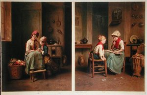 The Lesson and The Card Game, trykt i 1858 (lito i farger) av Theophile Emmanuel (after) Duverger