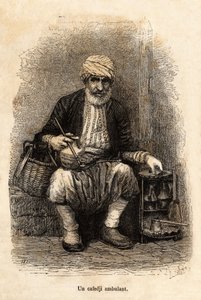 En kaféselger (cafedji) som reiser, i basaren i Trebizonde (dagens Trabzon, ved Svartehavskysten), graverer etter en tegning av fortelleren, som illustrerer en reise til Lazistan og Armenia, fra 1869, av Theophile Deyrolle, utgitt i "" Le to