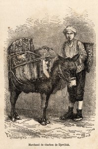 En kullhandler, med eselet sitt, i Djewilisk (Nord-Anatolia), gravert etter en tegning av fortelleren, som illustrerer en reise i Lazistan og Armenia, fra 1869, av Theophile Deyrolle, publisert i "" Le tour du monde"" 1875, redigert av Edouard Charton