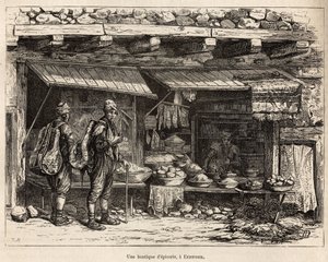 En dagligvarebutikk i Erzeroum (Armenia), gravert etter en tegning av forfatteren, som illustrerer reisen i Lazistan og Armenia, av Theophile Deyrolles, i 1869, publisert i "" Le tour du monde""" 1875, redigert av Edouard Charton, 