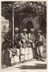 En armensk kafé, et sted for maskulin gemyttlighet, for å drikke kaffe og røyke pipe, gravering etter en tegning av forfatteren, som illustrerer reisen i Lazistan og Armenia, av Theophile Deyrolles, i 1869, publisert i "" Le tour du monde" "" 1875, e