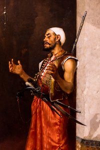 Tyrkisk vakt i bønn (olje på panel) av Theophile Marie Francois Lybaert
