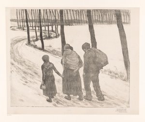 Mann og kvinne med to barn som går på en landevei Pauvres gens av Théo van Rysselberghe