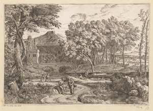 Arkadisk landskap med en flokk geiter ved vannet og en mor med barn på en sti med andre figurer Suite de Paysages (serietittel) av Théodore