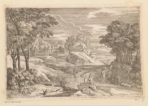 Arkadisk landskap med en kvinne som sitter ved en vase og andre figurer Suite de Paysages (serietittel) av Théodore