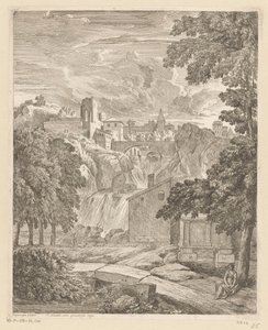 Arkadisk landskap med en foss og en kvinne under et tre Suite de paysages (serietittel) av Théodore