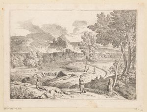 Arkadisk landskap med figurer langs en sti ved en bekk Suite de Paysages (serietittel) av Théodore