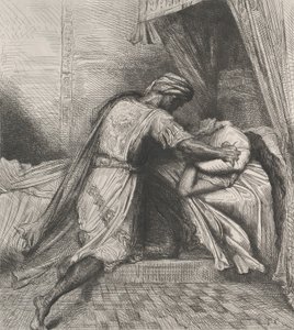 Han kveler henne: plate 13 fra Othello Act 5, Scene 2, etset 1844, gjengitt 1900. av Théodore Chassériau