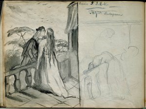 Les lovers Romeo et Juliet Illustrasjon av stykket med samme navn av William Shakespeare (1564-1616) som representerer elskere som kysser på balkongen. Skisse av Theodore Chasseriau (1819-1856) Paris. Museet Louvre av Théodore Chassériau
