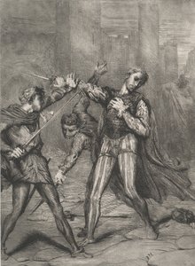 Skurk, du dør: plate 10 fra Othello Act 5, Scene 1, etset 1844, gjengitt 1900. av Théodore Chassériau