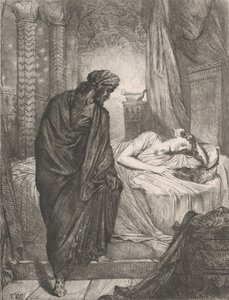 Likevel må hun dø: plate 11 fra Othello Act 5, Scene 2, etset 1844, gjengitt 1900. av Théodore Chassériau