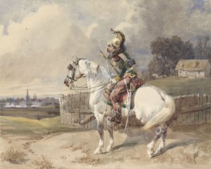 Fransk drage på en hvit hest, svingt til venstre, i profil av Théodore Fort (signed by artist)