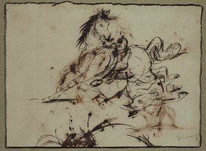 Tilskrevet Théodore Géricault - Den skremte hesten, mellom slutten av 1700-tallet og begynnelsen av 1800-tallet av Theodore Gericault