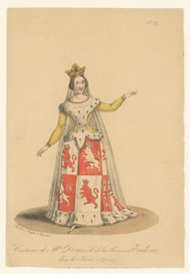 Julie Dorus-Gras i rollen som prinsesse Eudoxie i operaen La Juive Kostyme til fru Dorus, rollen som prinsesse Eudoxie, i La Juive (Opéra) (tittel på objekt) Skuespillere, skuespillerinner i operazangers in hun rol (serietittel) av Théodore Lejeune
