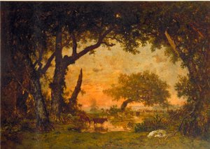 Utgang fra skogen i Fontainebleau, solnedgang (olje på lerret av Pierre Etienne Theodore Rousseau
