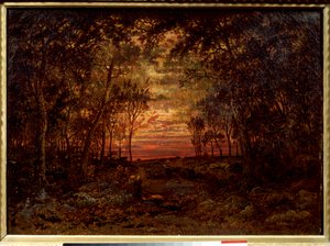 Solnedgang i skogen Maleri av Theodore Rousseau (1812-1867) Barbizon School fra 1800-tallet. Dim. 0,46x0,62m. Olje på lerret. .