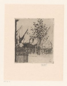 Gateutsikt med figurer ved en havn Hjørnet av Luna Street, Chelsea Embankment av Théodore Roussel (signed by artist)