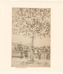 Seks figurer ved et gjerde langs en elv, i forgrunnen et tre Chelsea Embankment, juni kl. 17.00, 1889 av Théodore Roussel (signed by artist)