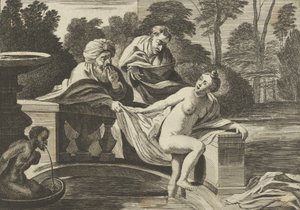 Susanna, delvis naken og går ut av en fontene med to eldste til venstre, en o..., ca. 1656-60.