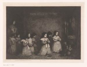 En gruppe jenter i bønn foran en statue av Maria La Priere (tittel på objekt) Eaux-Fortes Modernes: Originales et Inédites (serietittel)