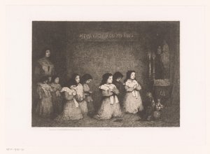En gruppe jenter i bønn foran en statue av Maria La Priere (tittel på objekt) Eaux-Fortes Modernes: Originales et Inédites (serietittel)