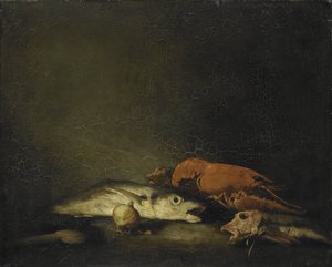 Stilleben med fisk og hummer