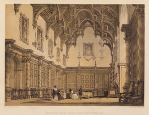 Burleigh Great Hall, Northamptonshire (akvatint) av Thomas (after) Allom