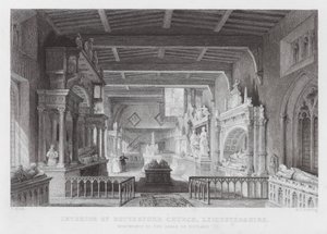 Interiør av Bottesford Church, Leicestershire, monumenter til jarlene av Rutland (gravering) av Thomas (after) Allom
