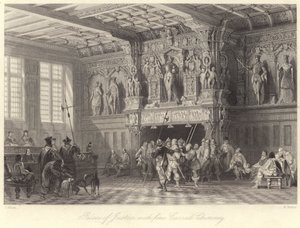 Justispalasset, med fin utskåret skorstein, Brugge (gravering) av Thomas (after) Allom