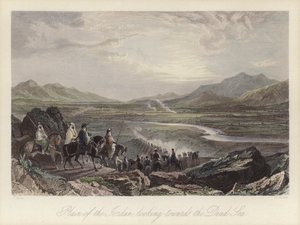 Sletten av elven Jordan ser mot Dødehavet (farget gravering) av Thomas (after) Allom