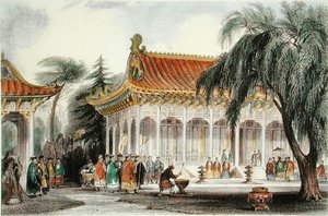Publikumshallen ved Palace of Yuen-ming-Yuan, Peking, ca. 1850 (farge litho) av Thomas (after) Allom
