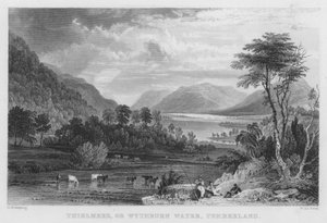 Thirlmere, eller Wythburn Water, Cumberland (gravering) av Thomas (after) Allom