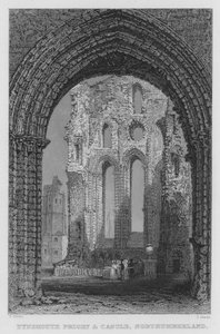 Tynemouth Priory and Castle, Northumberland (gravering) av Thomas (after) Allom