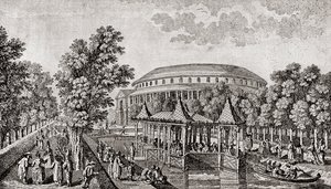 Ranelagh Gardens, Chelsea, London, England. Eksteriøret av Rotunda ved Ranelagh Gardens, det "kinesiske huset", og en del av eiendommen, etter graveringen av Thomas Bowles av Thomas (after) Bowles