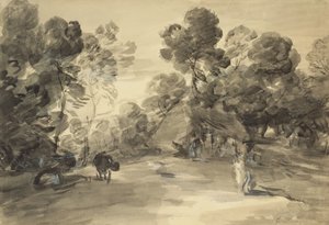 Skoglandskap med figurer, hytte og ku, ca. 1785 (vask og kritt med gouache på papir) av Thomas (after) Gainsborough