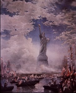 Avduking av Frihetsgudinnen i New York Harbor, 28. oktober 1886 (farge litho) av Thomas (after) Moran