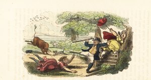 En familie av botanikere angrepet av en ladende okse på et jorde. ,1831 (gravering)