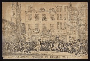 Mester Billys prosesjon til Grocers Hall; Politisk satire over prosesjonen til William Pitt den yngre til Grocers Hall for å motta friheten til City of London av Thomas (after) Rowlandson