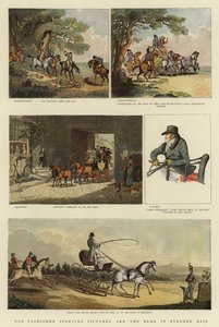 Gammeldagse sportsbilder, og veien på gamle dager (litho i farge)