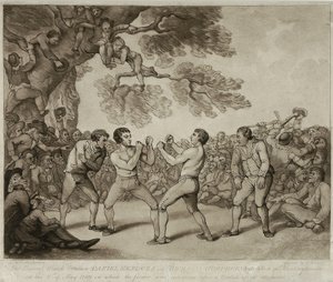Boksekampen mellom Daniel Mendoza og Richard Humphreys i Stilton, Huntingdonshire, 6. mai 1789, gravert av Joseph Grozer (ca. 1755-99) (gravering)