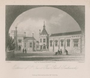 Eksteriør av St Olaves Friskole av Thomas Allom